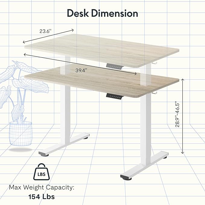 FLEXISPOT EN1 One-Piece Standing Desk, 40 x 24 Inches Electric Height Adjustable Desk for Home Office (White Frame + White Wood Grain Desktop)-DeskLoop Office