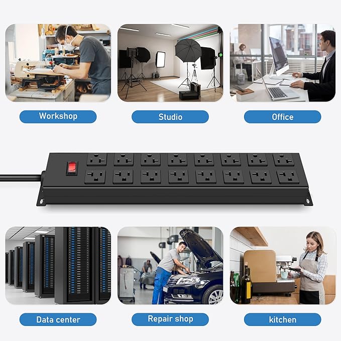 JUNNUJ Heavy Duty 20 Amp Power Strip with Surge Protection 3000J, Garage 16 Outlets Metal 12 Gauge, Desk Strips Wide Spaced, High Amp 5-15P Adapter Shop 6-20R T-Slot Industrial Outlets (16AC, 10FT)-DeskLoop Office