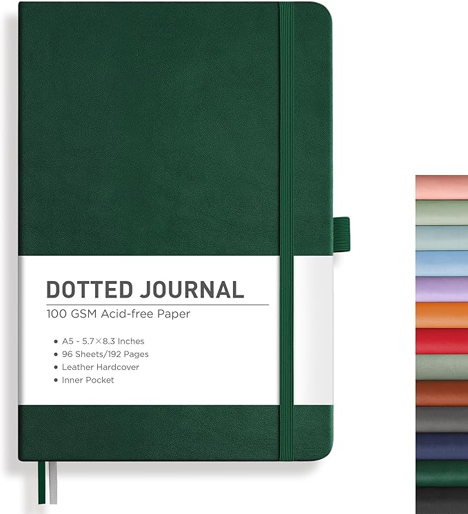 RETTACY Bullet Dotted Journal Notebook, 192 Pages, A5 Medium Size (5.7'' x 8.3''), Leather Hardcover, 100 GSM Thick Paper, for Bullet Journaling, Planning, Tracking (Dark Green)-DeskLoop Office