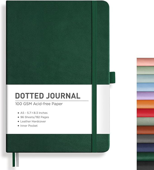 RETTACY Bullet Dotted Journal Notebook, 192 Pages, A5 Medium Size (5.7'' x 8.3''), Leather Hardcover, 100 GSM Thick Paper, for Bullet Journaling, Planning, Tracking (Dark Green)-DeskLoop Office