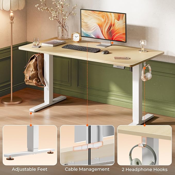 Huuger 55 x 28 Large Electric Standing Desk, Height Adjustable Desk, 27.6" Deep Desktop, Stand up Gaming Computer Office Desk with 2 Hooks, 3 Preset Heights, for Home Office, Natural-DeskLoop Office