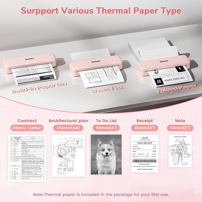 Phomemo Portable Printers Wireless for Travel Upgraded,M834 Bluetooth Thermal Printer 8.5" x 11"& A4 Size,Inkless Mobile Printer with Carry Case for Travel,Office,School,Car,Home,Pink-DeskLoop Office