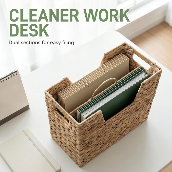 Wicker Magazine Basket with Handle, Water Hyacinth Magazine Holder with 2 - Image 6