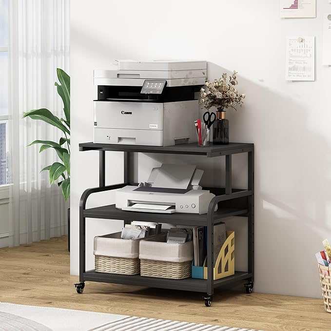 32.3" x 18.9" Extra Large Printer Stand Table with Adjustable Storage Shelf, 3 Tier Rolling Printer Cart with Industrial Wheels for Home Office, Black-DeskLoop Office