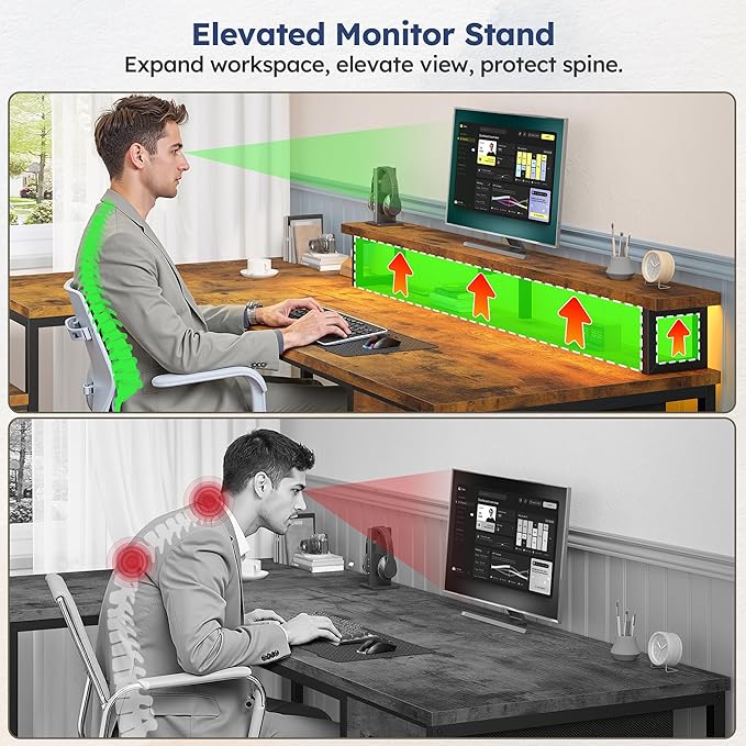 L Shaped Computer Desk with Drawers, Gaming Desk with LED Lights & Monitor Shelf, Office Desks with Power Outlets, Corner Desks for Home Office, Study Room and Bedroom, Rustic Brown-DeskLoop Office