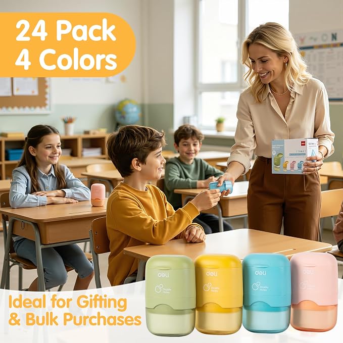 Deli Pencil Sharpener & Eraser, 24 Pack Pencil Sharpeners Manual, Dual Holes - Image 8
