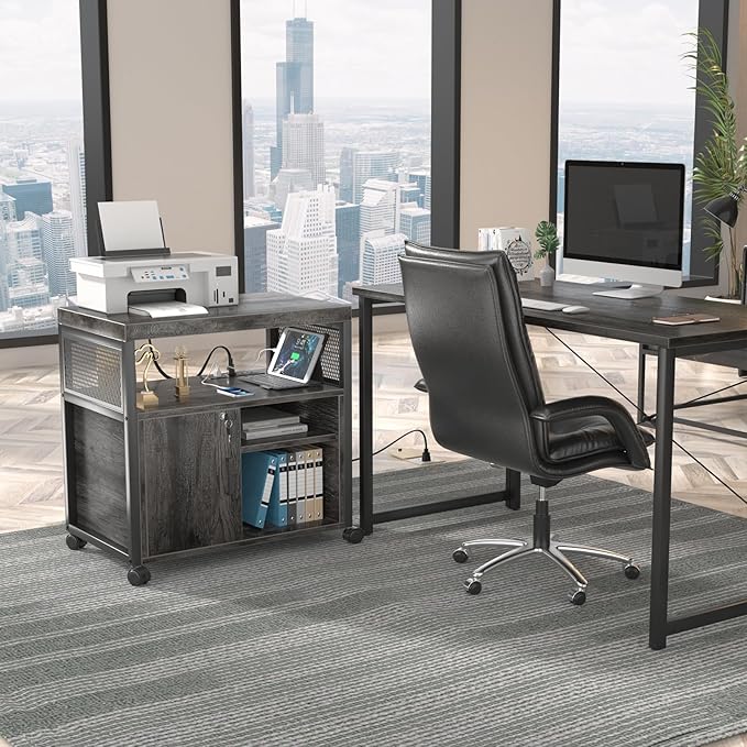 Unikito Rolling File Cabinet Lateral Office Filing Cabinets with Socket and USB Charging Port, Modern Printer Stand on Wheels Printer Cabinet with Door and Open Storage, Lockable, Black Oak-DeskLoop Office