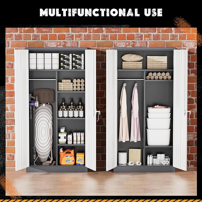 Greenvelly Metal Storage Cabinet with 2 Doors, 72” Steel Storage Wardrobe Cabinet, Employees Locker Closet Clothing Coat Steel Wardrobe Cabinet with Hanging Rod for Garage, Home Office (Grey White)-DeskLoop Office