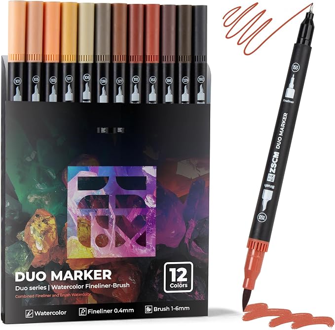 ZSCM Skin Tone Duo Tip Marker Pens, 12 Pack Fine & Brush Markers by ZSCM