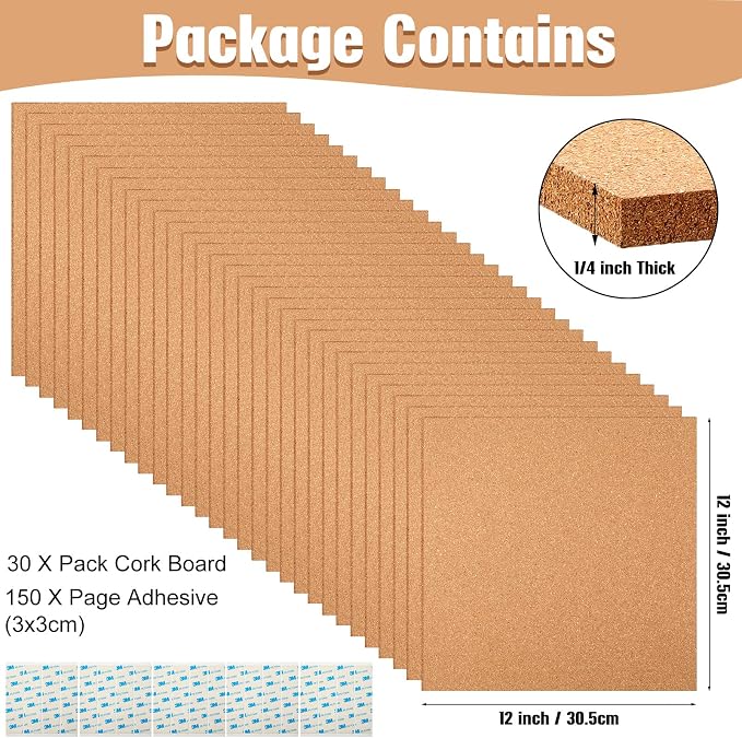 Kosiz 30 Pack Cork Board Square 12" x 12", 1/4" Thick Cork Board Tiles Bulk - Image 2