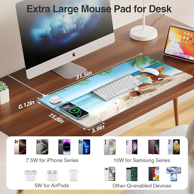 Wireless Charging Mouse Pad, 31.5"x15.8" Large Gaming Desk Mat - Image 3