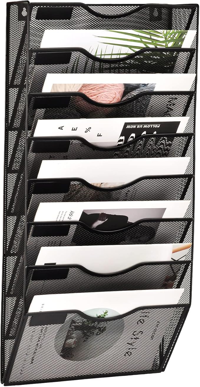 EASEPRES 8 Pocket Mesh Hanging Wall File Organizer, Wall Mounted Mail Paper Document Folder Holder, Clipboard Storage Organization Magazine Rack with Nametag Label for Office Home School, Black-DeskLoop Office