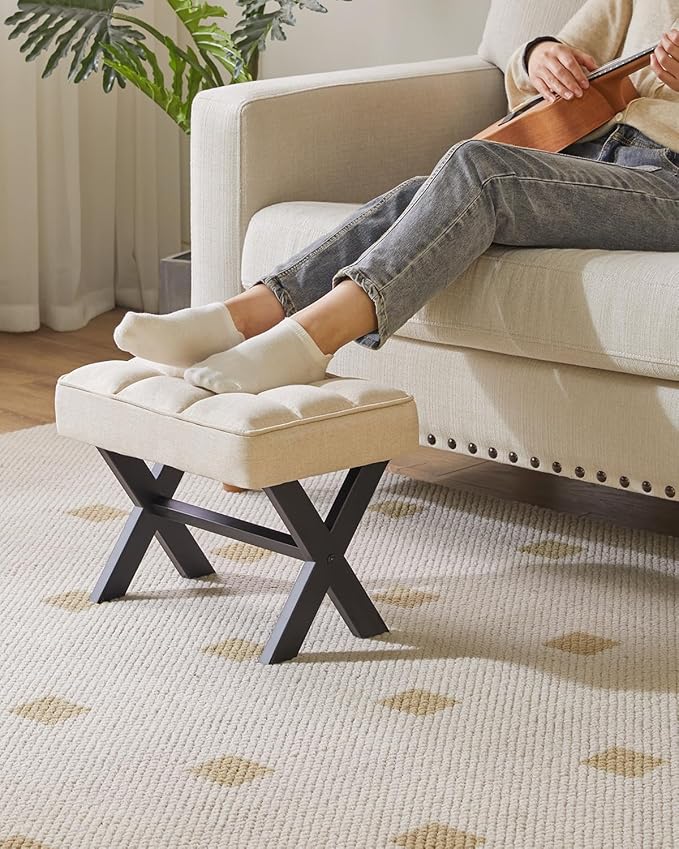 IBUYKE Small 12" H Footrest Stool, Square Linen Foot Stool with Metal X-Leg, Multi-Use as Small Side Table, Step Stool for Living Room, Bedroom, Entryway, Office, Linen WBD011Y-DeskLoop Office
