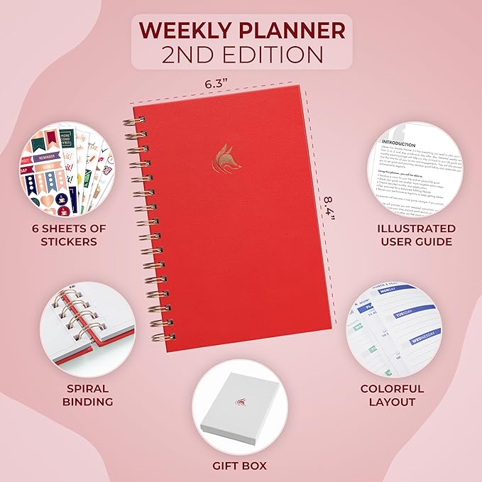 Clever Fox Planner 2nd Edition Spiral – Colorful Weekly & Monthly Goal Planner, Time Management & Productivity Organizer, Undated (Red)-DeskLoop Office