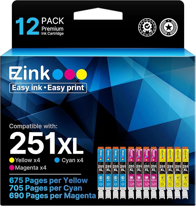 E-Z Ink Compatible Ink Cartridge Replacement for Canon CLI-251XL CLI 251 to use with PIXMA MX922 IP7220 MG5520 MG5420 IX6820 IP8720 MG7520 MG6320 Printer (4 Cyan, 4 Magenta, 4 Yellow, 12 Pack)-DeskLoop Office