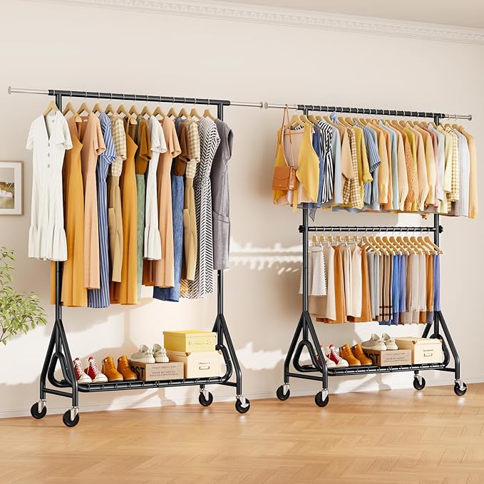 Heavy Duty Clothes Rack for Hanging Clothes, Double Rods Clothing Rack with Lockable Wheels, Rolling Garment Racks with Shelf, Easy to Assemble, Black-DeskLoop Office