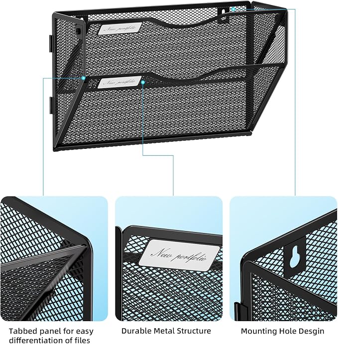 Marbrasse Wall File Holder 2-Tier Hanging Wall File Organizer, Mesh Mail Holder - Image 3
