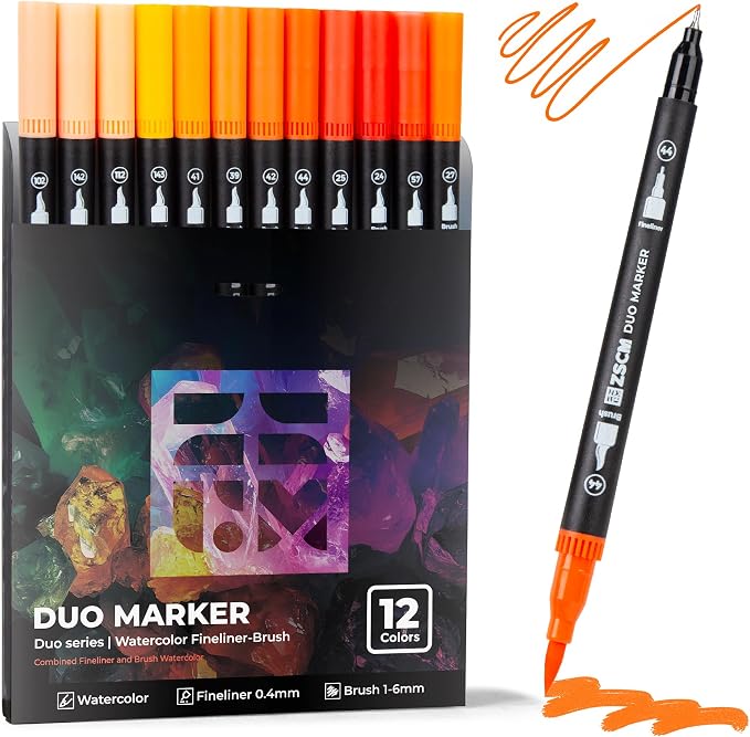 ZSCM Orange Duo Tip Marker Pens, 12 Pack Fine & Brush Markers by ZSCM