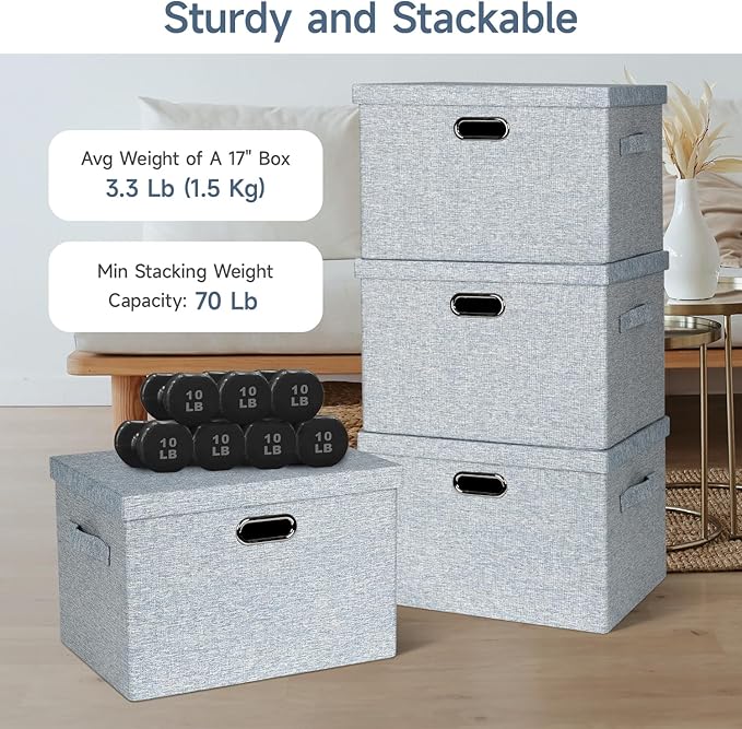 Large 17" 36 Quart Collapsible Stackable Storage Bins with Lids, 3 Packs Blue-Grey Linen Fabric Closet Boxes with Lids, Storage Cube Baskets Container Organizers for Bedroom (17x12x11)-DeskLoop Office