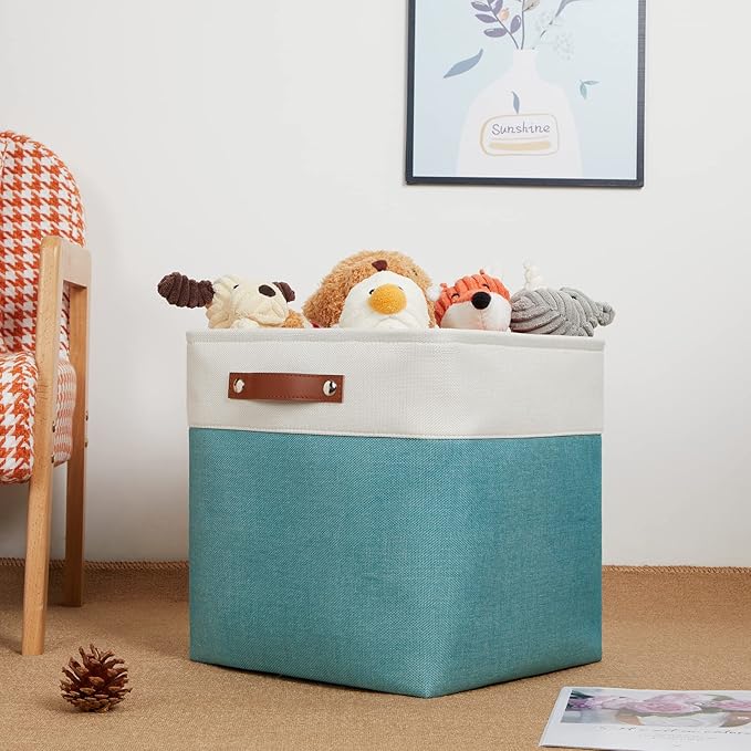 DULLEMELO Storage Bins for Organizing,Closet Storage Baskets for Gift Empty,Large Linen Canvas Storage Bins with Handles for Home Office Toys Shelves(White&Teal, 13 inch Cube)-DeskLoop Office