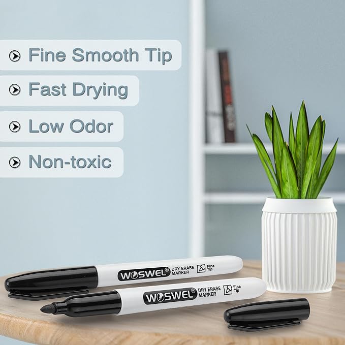 WOSWEL Dry Erase Markers, 24 Pack Black Fine Tip Whiteboard Markers, Round - Image 8