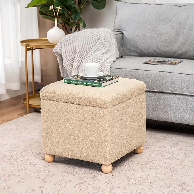 Adeco 17 Inch Soft Oatmeal Cube Ottoman Storage, Teddy Velvet Chair Foot Stools, Upholstered Vanity Stool with Hinged Lid, Solid Round Wood Legs-DeskLoop Office