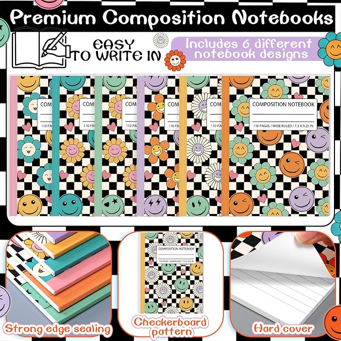 Fullhawl 6 Pcs Composition Notebook Wide Ruled Cute Preppy Black White - Image 5