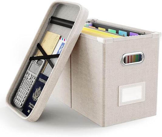 Oterri File Organizer Box with Lid, Hanging Filing File Box with Mesh Pocket, Document Organizer Box for Letter Files, Portable Storage Box with Smooth Sliding Rail for Office&Home (1 PCS, Beige)-DeskLoop Office