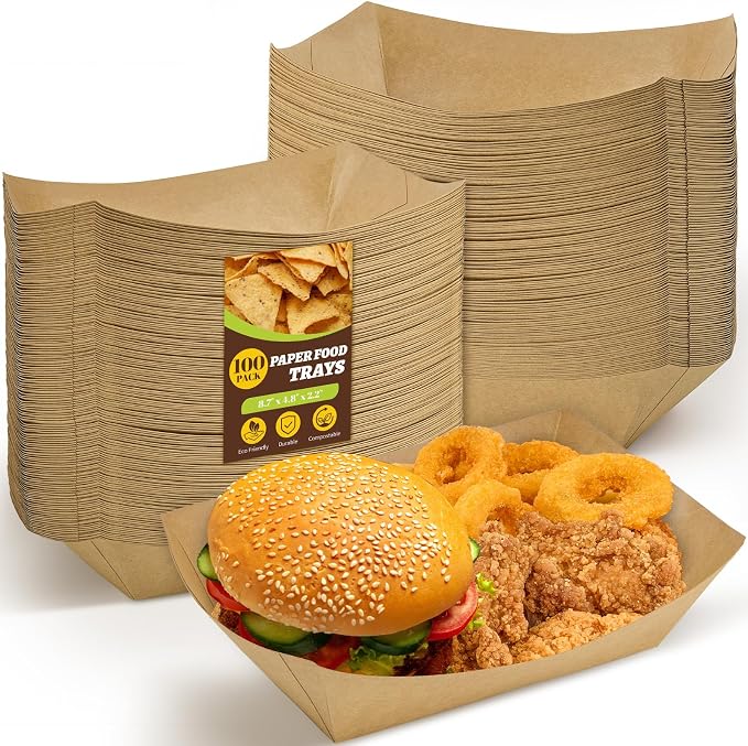 Ocmoiy 5lb Extra Large Paper Food Trays, 100 Pack Heavy Duty Kraft Food Boats by Ocmoiy