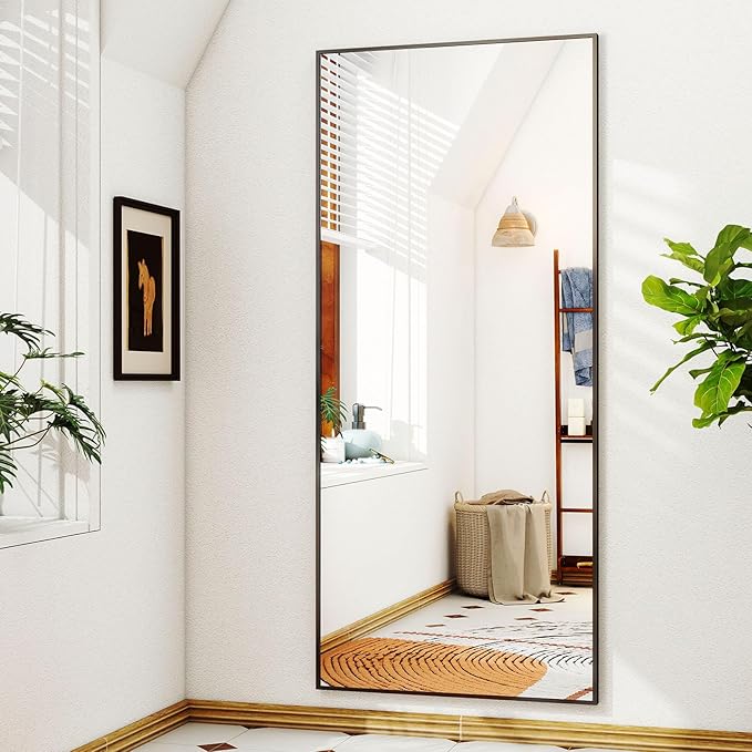 Full Length Mirror with Stand, 68"x24" Floor Mirror with Aluminum Alloy Frame, Full Body Mirrors,Free Standing or Wall-Mounted Mirrors for Living Room, Black-DeskLoop Office