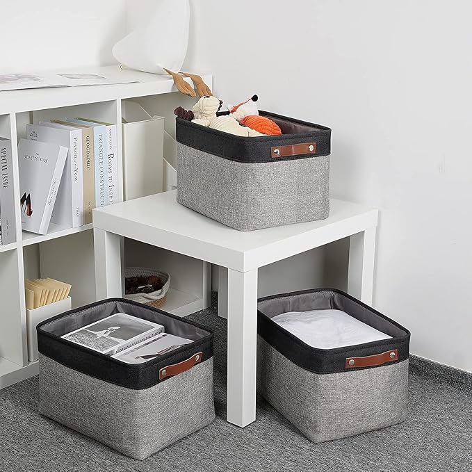 DULLEMELO Fabric Baskets for Storage, Rectangular Fabric Storage Bins Collapsible, Perfect for Shelves, Closets, Nursery, Empty Gift Baskets (3-Pack Medium-15 inch X 11 inch X 9.5 inch , Black&Grey)-DeskLoop Office