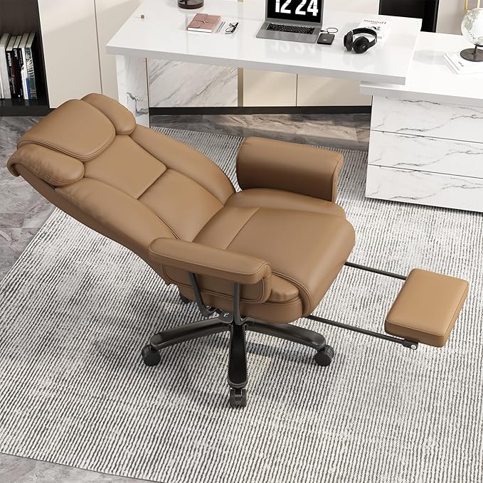 GYI Criss Cross Chair with Wheels, 160°Big and Tall Reclining Office Desk Chair with High Back, Wide Seat, Arms, Footrest, Brown-DeskLoop Office
