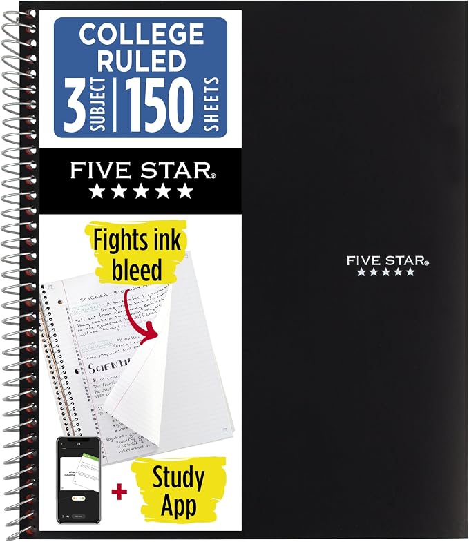 Five Star Spiral Notebook + Study App, 3 Subject, College Ruled Paper, Fights by FiveStar