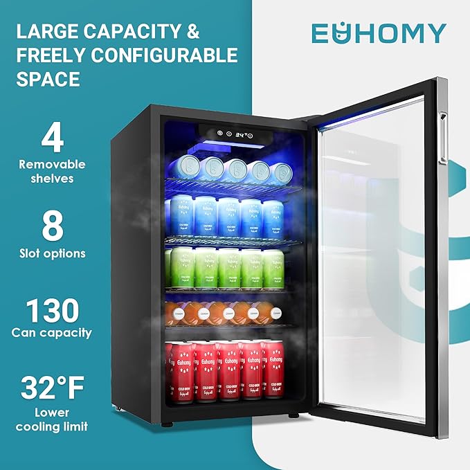 EUHOMY Beverage Refrigerator Cooler, 130 Can Mini Fridge with Glass Door for Soda Beer or Wine, Beverage Cooler for Home, Office, Bar with Adjustable Removable Shelves, Silver-DeskLoop Office