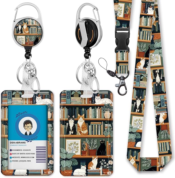 Book Cat Teacher Lanyards for ID Badges, Badge Holder Retractable Reel Clip | by IMMATURUS