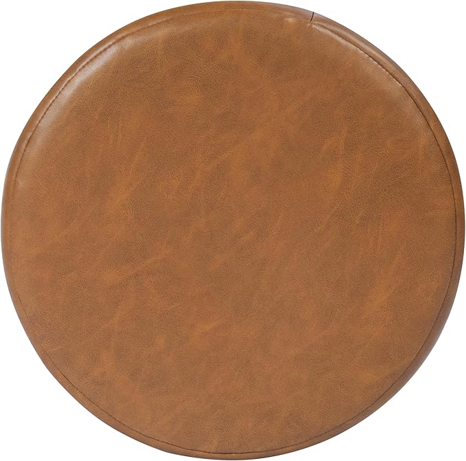 HomePop Upholstered Faux Leather Round Ottoman Home Décor|Foot Rest Ottoman- Carmel Brown-DeskLoop Office