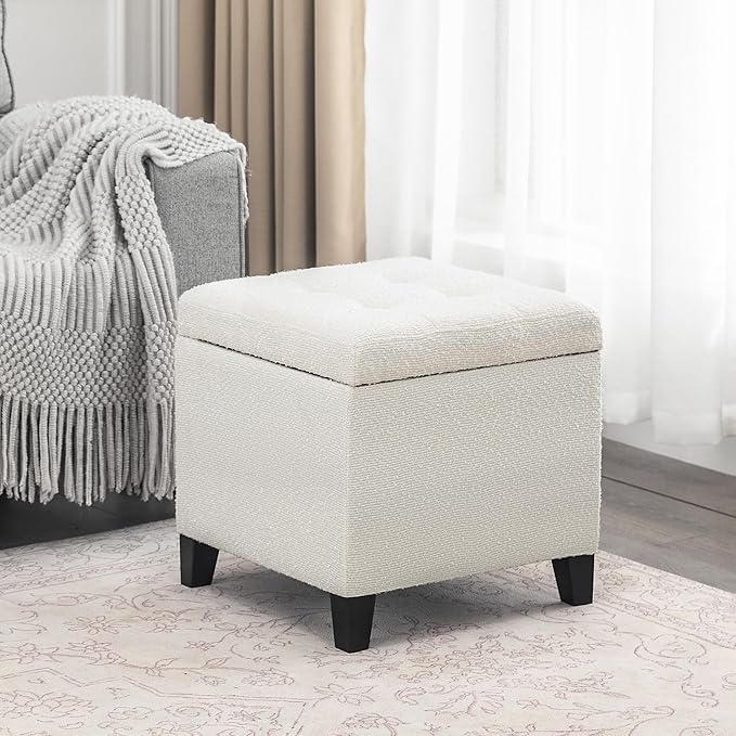 Adeco 18 Inch High Cube Ottoman Storage, Linen Chair Foot Stools, Upholstered Vanity Stool with Hinged Lid, Solid Wood Legs (White Circle Yarn)-DeskLoop Office
