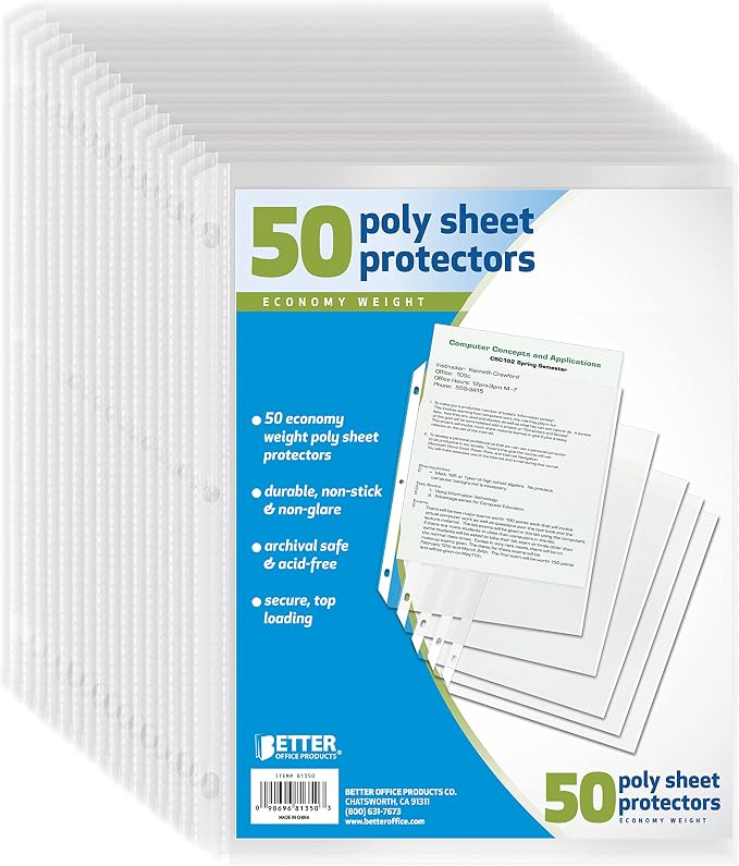 Better Office Products Clear Sheet Protectors, 50 Pack Sheet Protectors 8.5 x 11 by BetterOfficeProducts