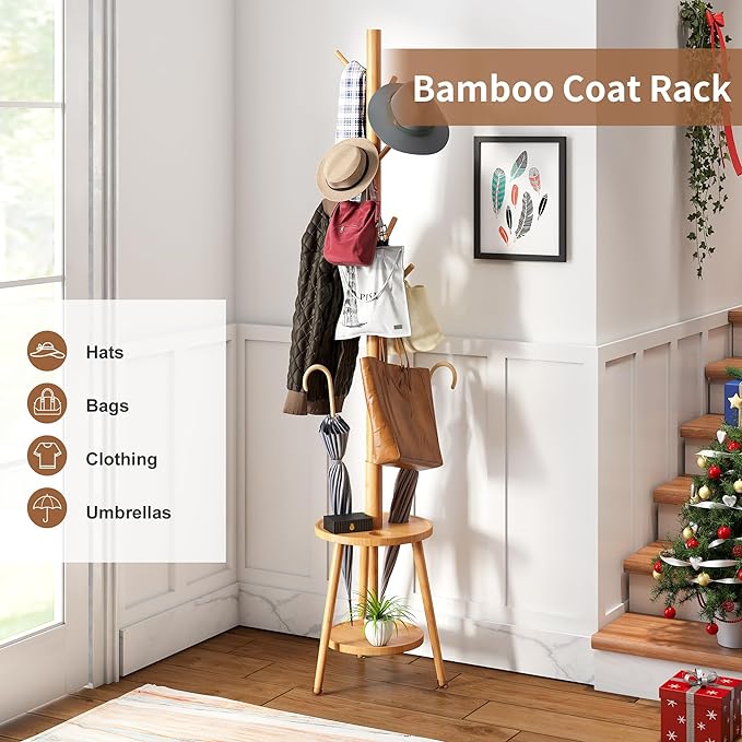 FILWH Freestanding Coat Rack with Umbrella Organizer Tray Bamboo Coat Tree Rack with 8 Hook Stand for Clothes Bag Hats Entryway Hanger Stand(Nature)-DeskLoop Office