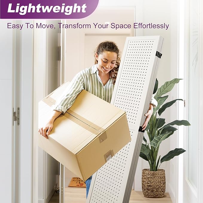 Room Divider, 5.6FT Folding Room Divider Panel, 4 Panel Pegboard Display Wood Partition Wall Divider for Room Separation& Craft Shows, White-DeskLoop Office