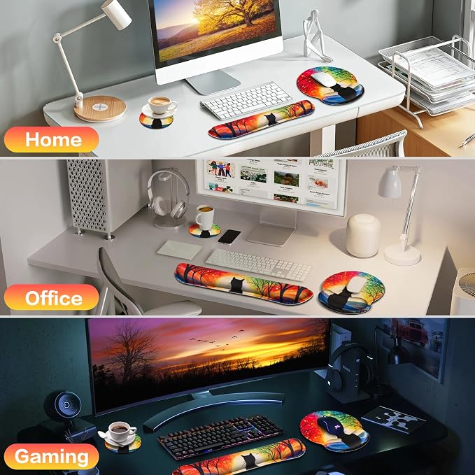 Mouse Pad with Wrist Rest Cute Black Cat Set, Qomolama 3-in-1 Wrist Support - Image 7