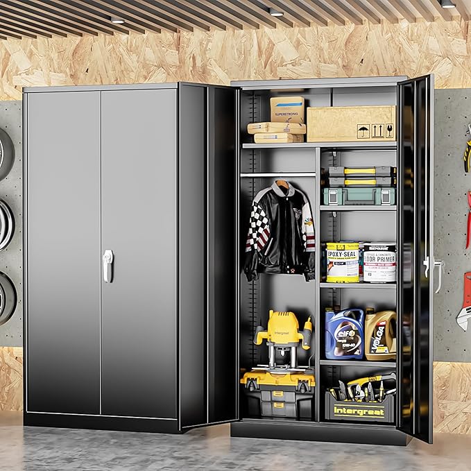 INTERGREAT Metal Storage Cabinet with Lock,Storage Wardrobe Cabinets with 4 Adjustable Shelves and Hanging Rod,Black Wardrobe Cabinet with Lockable Doors for Home Office,Warehouse,Garage-DeskLoop Office