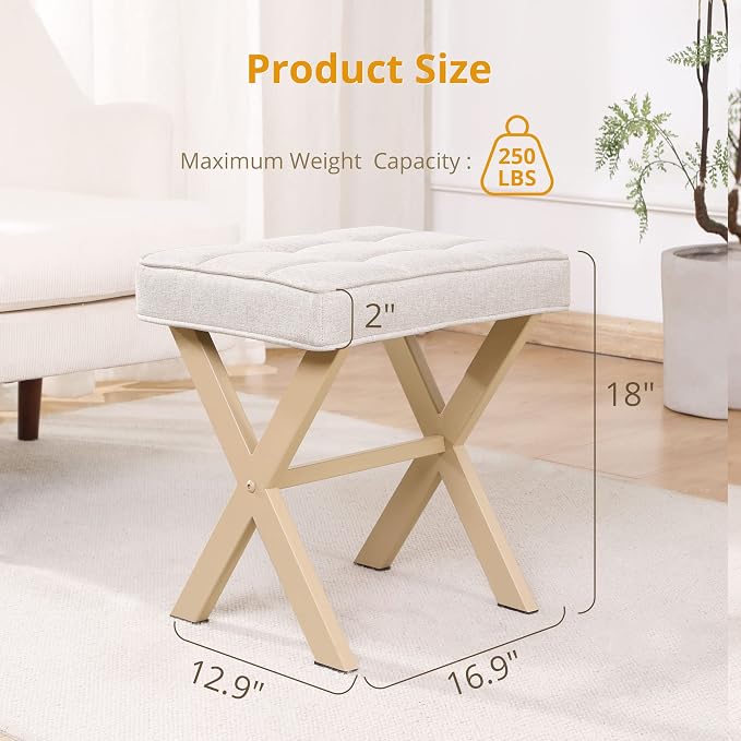 LUE BONA Square Linen Makeup Stool, Metal X Legs, Small Ottoman Stool Chair - Image 2