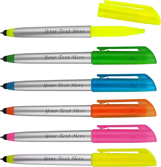Personalized Pens with Highlighter and Stylus -250 Pack Bulk-Free Imprint - 3 In Highlighter, Ballpoint Pen, and Stylus Combo- add Custom Business Name, Logo or Gift Message- Assorted, Black Imprint-DeskLoop Office