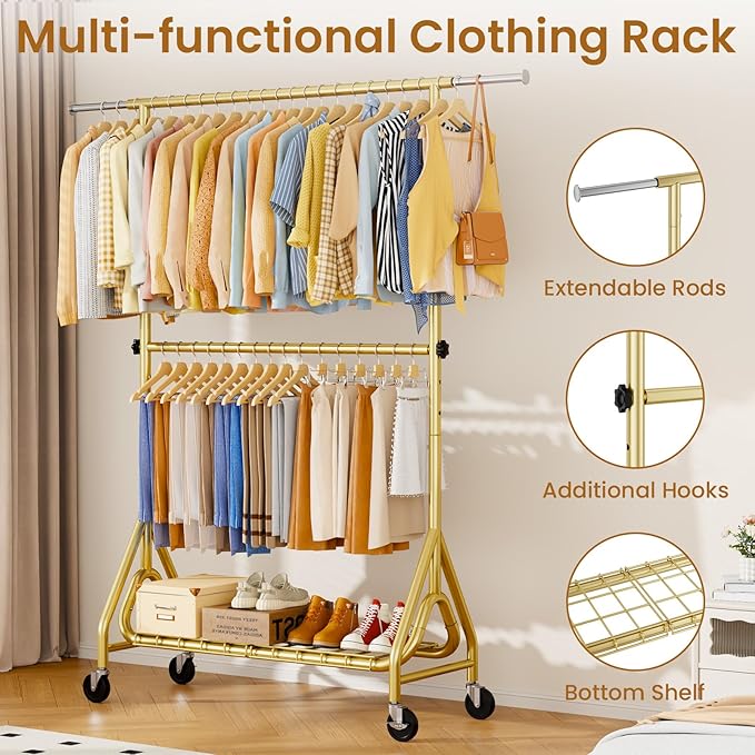 Double Rods Clothing Rack, Heavy Duty Clothes Rack for Hanging Clothes Load 560LBS, Metal Rolling Garment Racks with Wheels, Freestanding Clothes Hanging Racks, Gold-DeskLoop Office