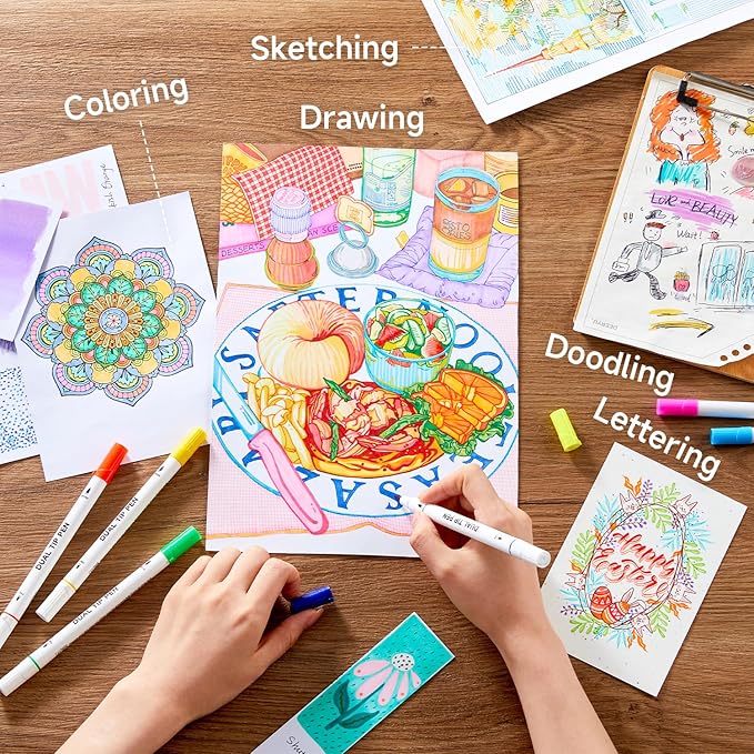 Shuttle Art Dual Tip Brush Marker Pens, 105 Colors Fine and Brush Tip Markers Set in Portable Case with 1 Coloring Book for Kids, Water-based Ink Adult Artist Coloring Calligraphy Journal Doodling-DeskLoop Office