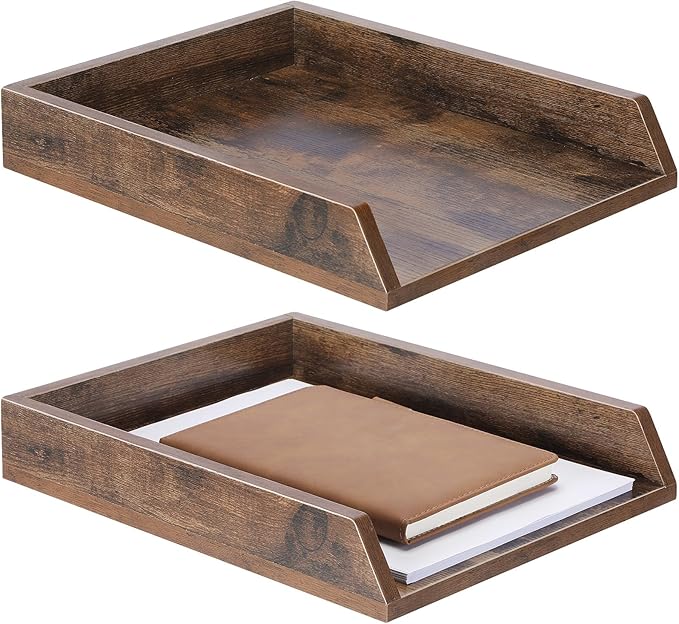 DoubleFill 2 Pcs Wooden Letter Trays 2 Tier Desktop Paper Organizer Wood by DoubleFill