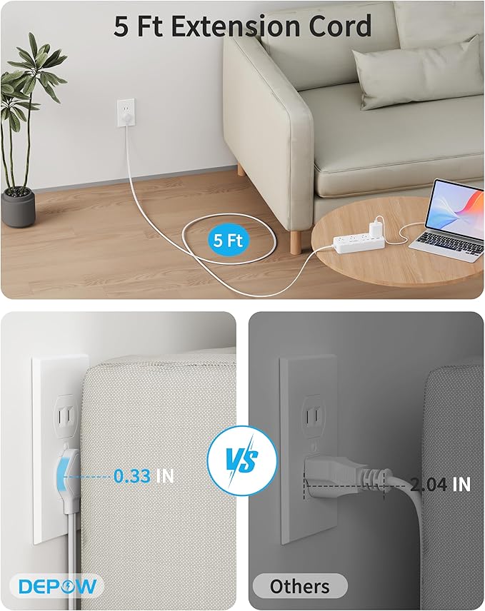 2 Prong Power Strip, 2 to 3 Prong Outlet Adapter with 8 AC & 4 USB Ports (2 USB C), 5FT Extension Cord, 1700J Two Prong Surge Protector, Wall Mountable, Ideal for Old House Non-Grounded Outlets-DeskLoop Office