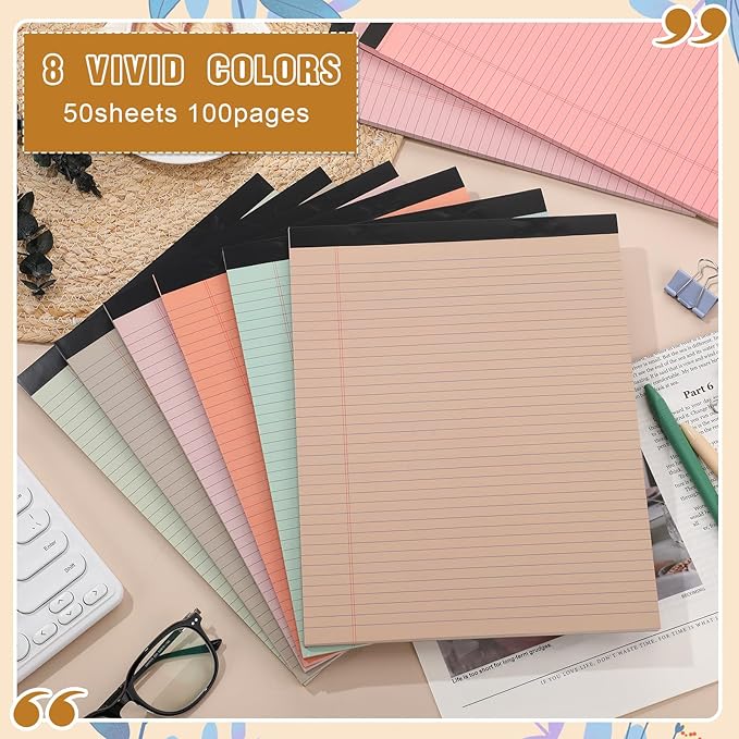 Fuutreo 8 Pcs 8.5'' x 11'' Colored Legal Pad Writing Pads Narrow Ruled 50 Sheets Per Notepad Perforated Writing Notepad Office Supplies for College Office Business (Bohemian Color)-DeskLoop Office