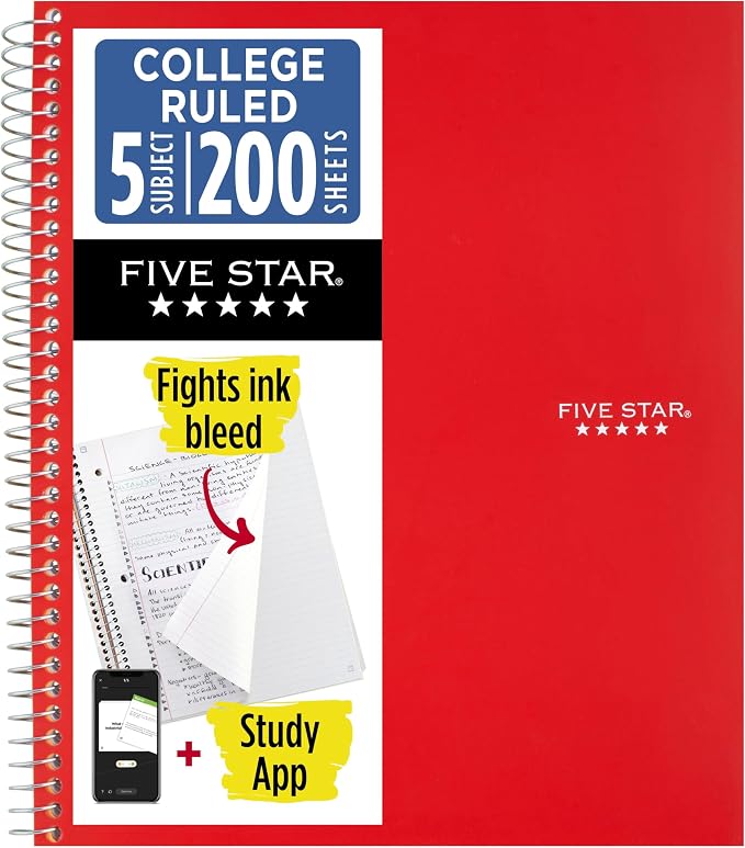 Five Star Spiral Notebook + Study App, 5 Subject, College Ruled Paper, 8-1/2" x by FiveStar